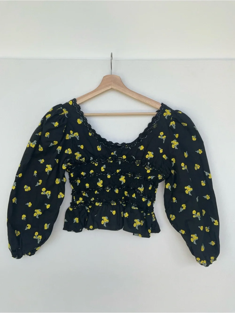 Sister Jane Black Smocked Blouse with Yellow Floral Print
